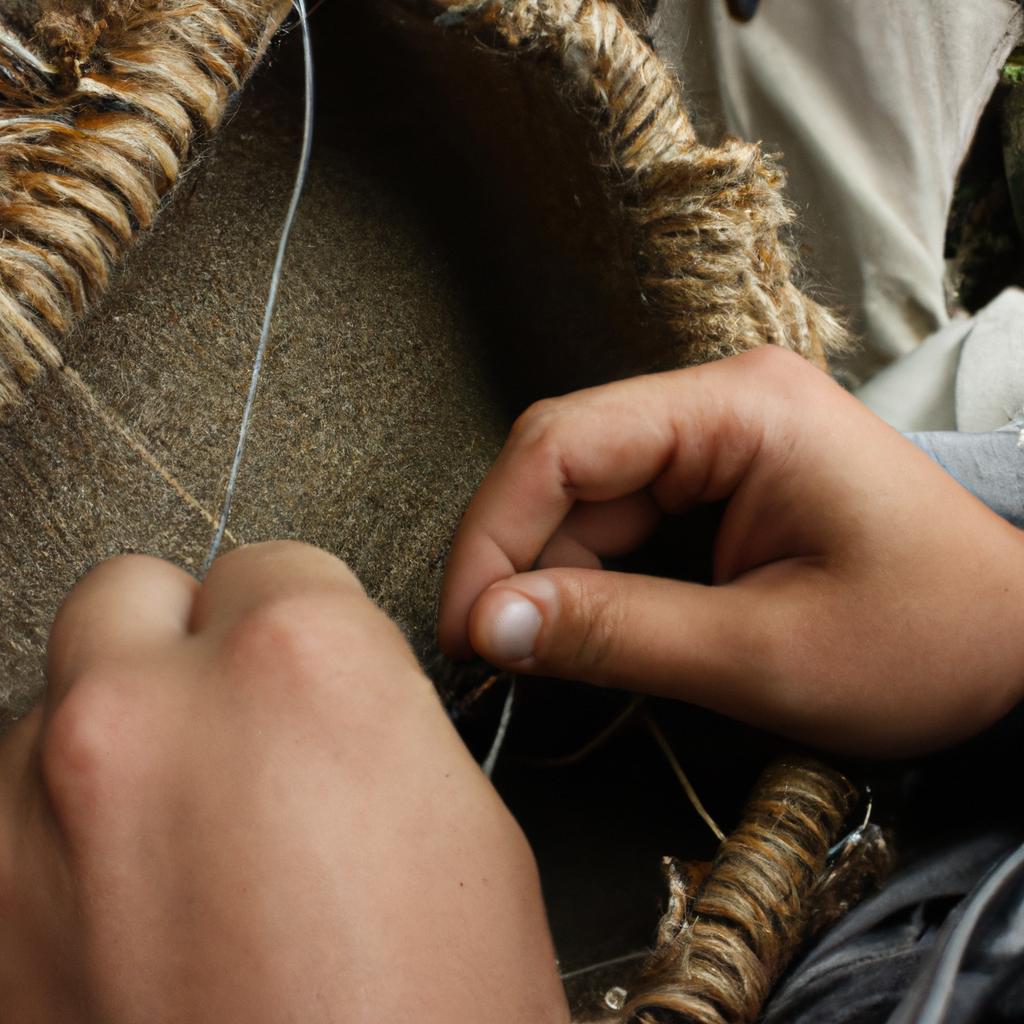 Person weaving hemp bowstring fibers