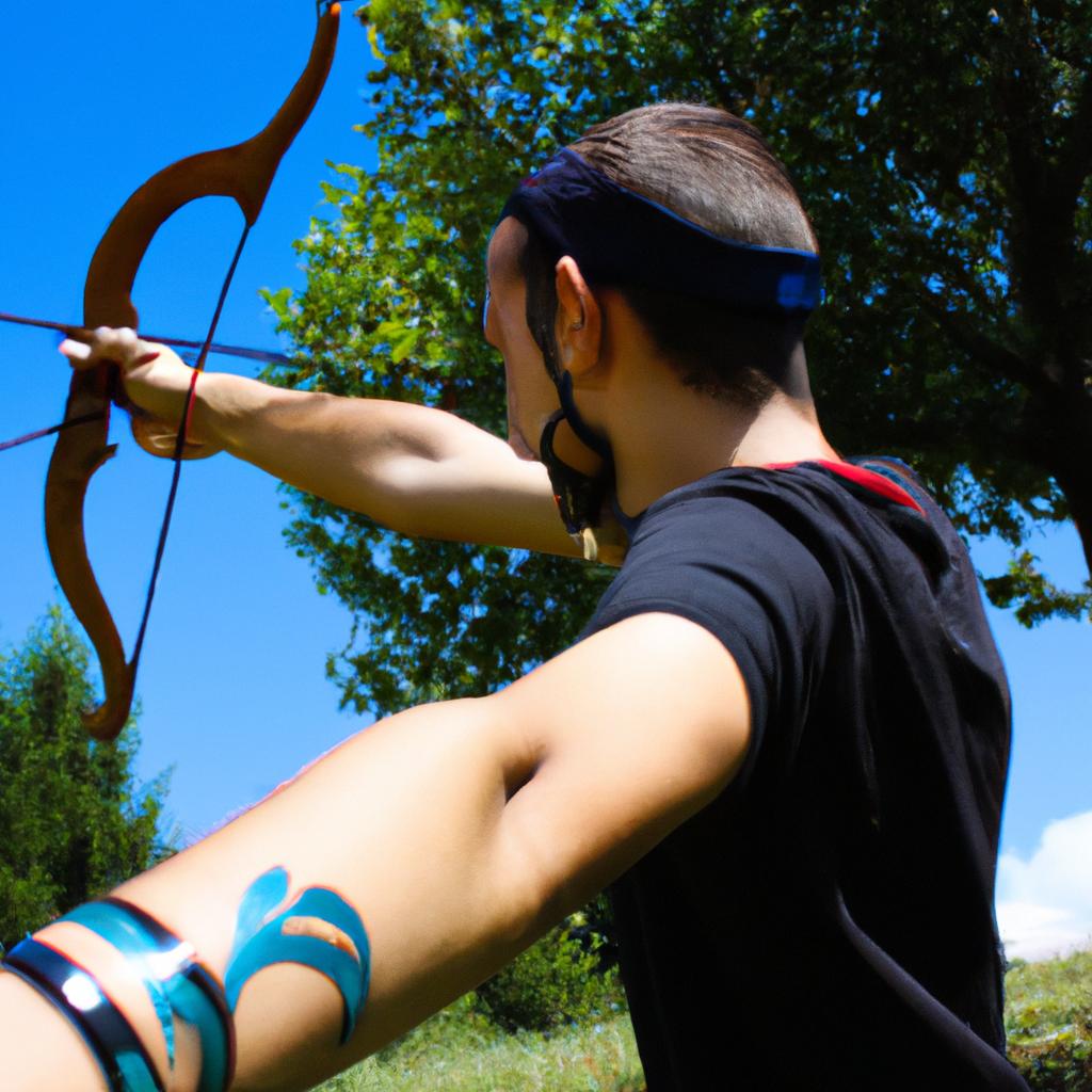 Person aiming with bow and arrow